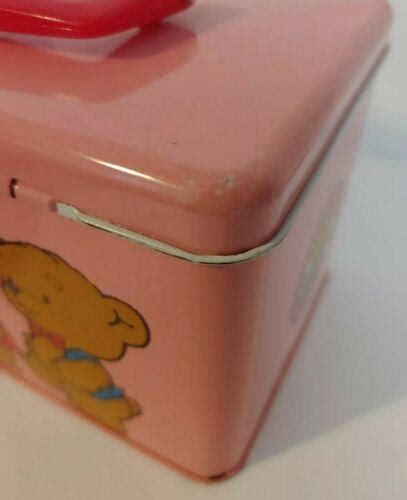 robearta and robear cartoon metal lunch box|Vintage 1985 Sanrio Robearta & Robear Tin Box Carrying.